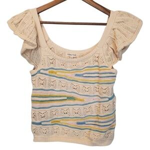 Main Strip‎ Pointelle Knit Cream Crochet Cropped Flutter Sleeve Top Size Large
